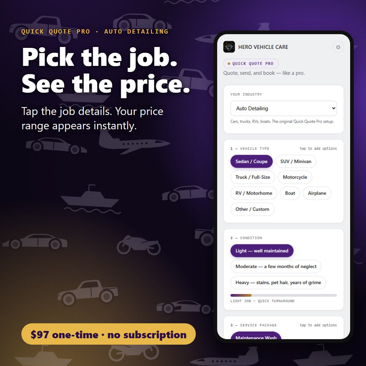 Pick the detailing job details and see the price