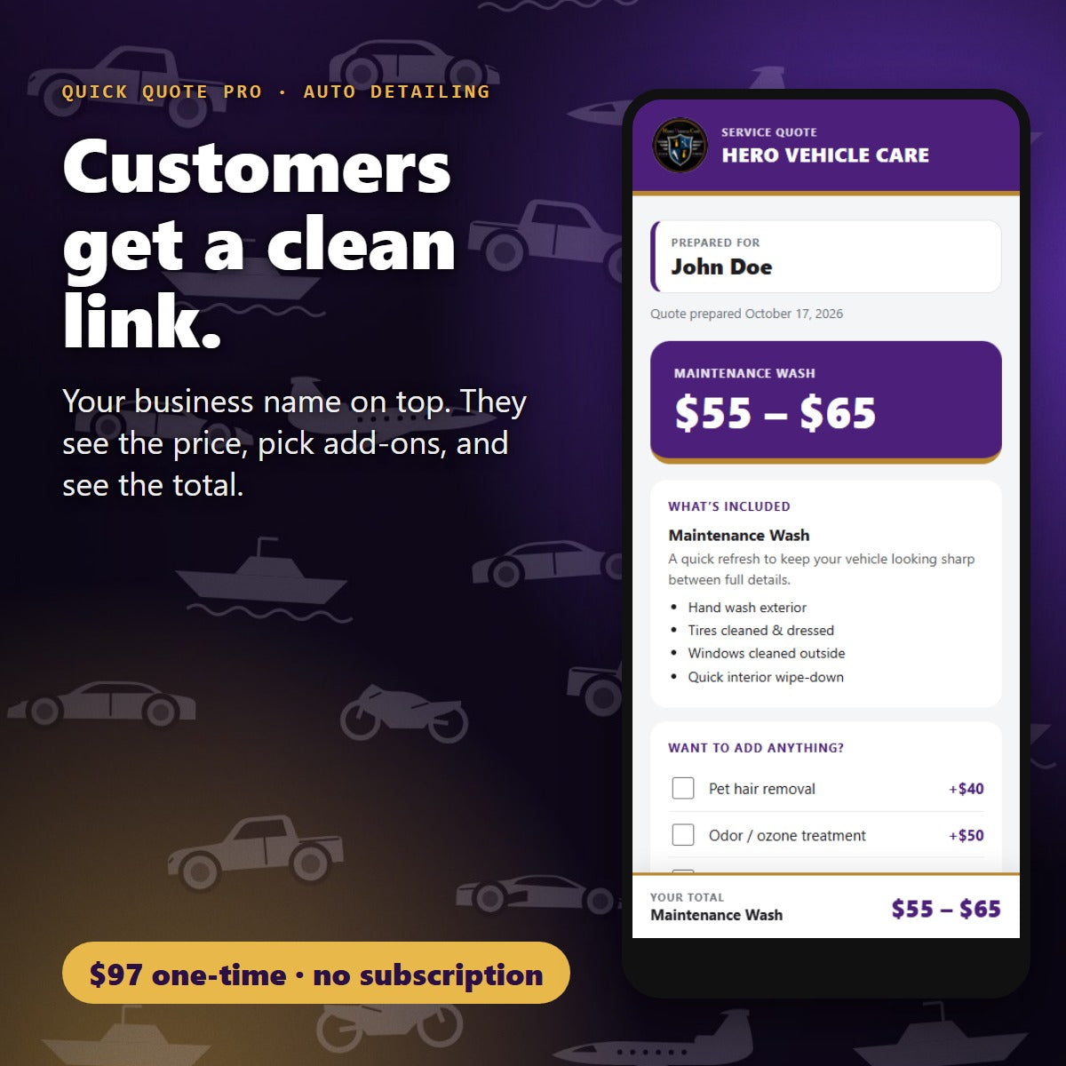 Your customer opens a clean branded quote link for Auto Detailing