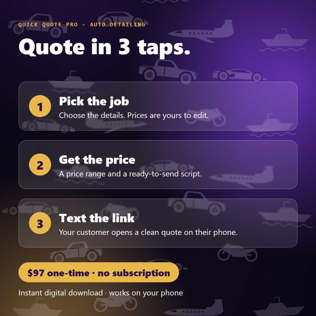 Quick Quote Pro in 3 taps: pick the job, get the price, text the link