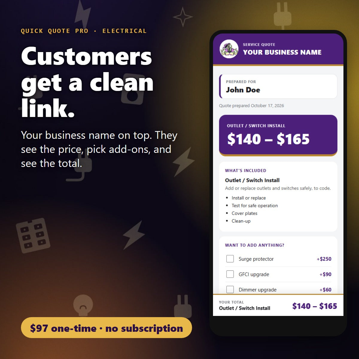 Your customer opens a clean branded quote link for Electrical