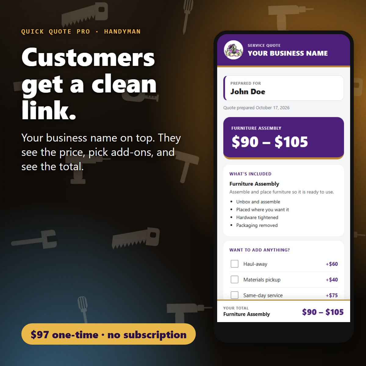 Your customer opens a clean branded quote link for Handyman