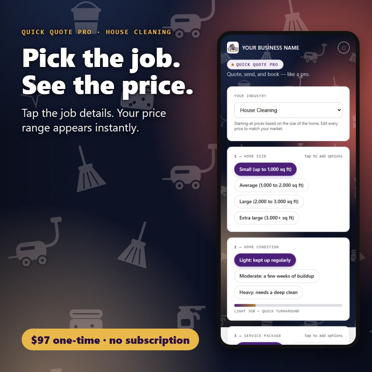 Pick the house cleaning job details and see the price