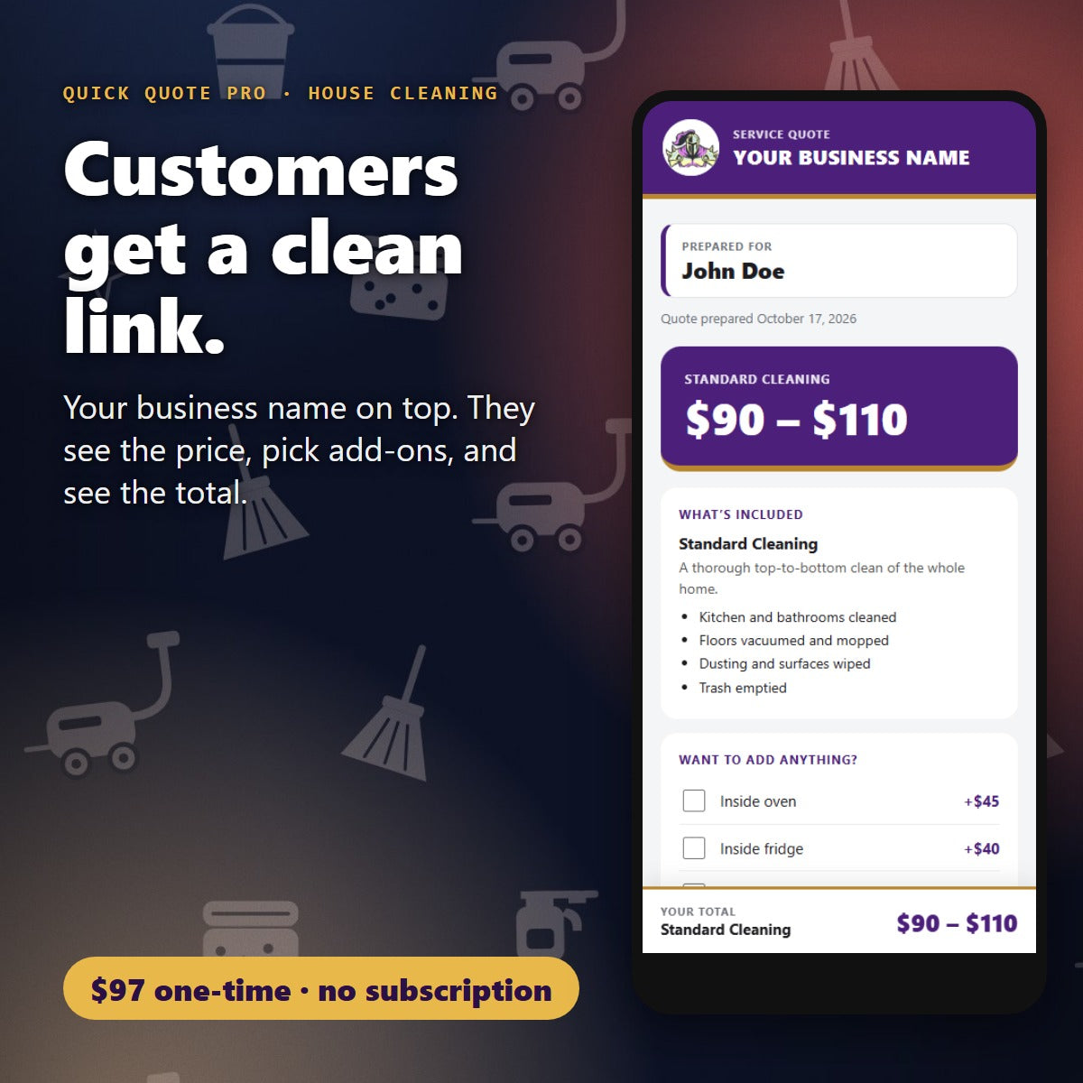 Your customer opens a clean branded quote link for House Cleaning