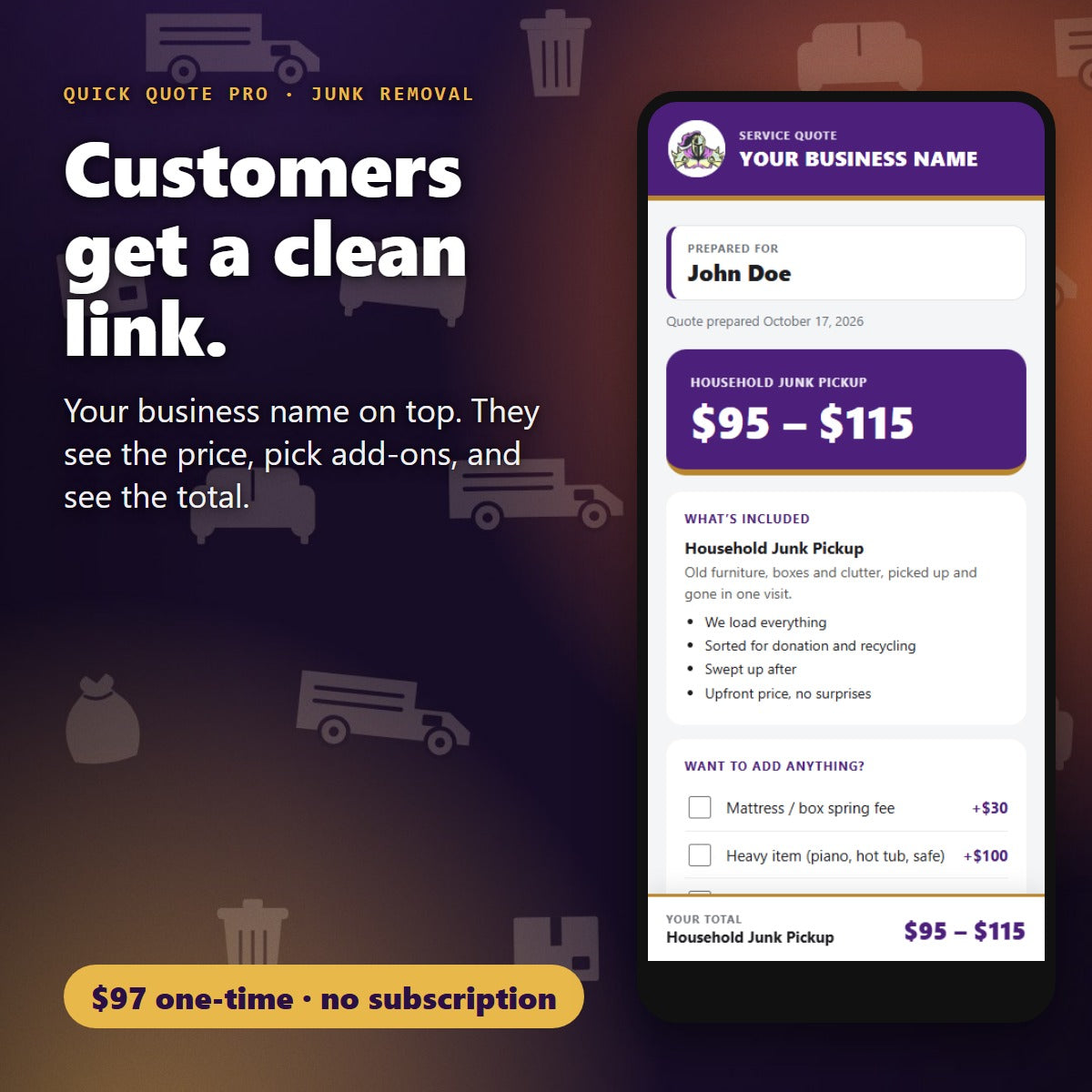 Your customer opens a clean branded quote link for Junk Removal