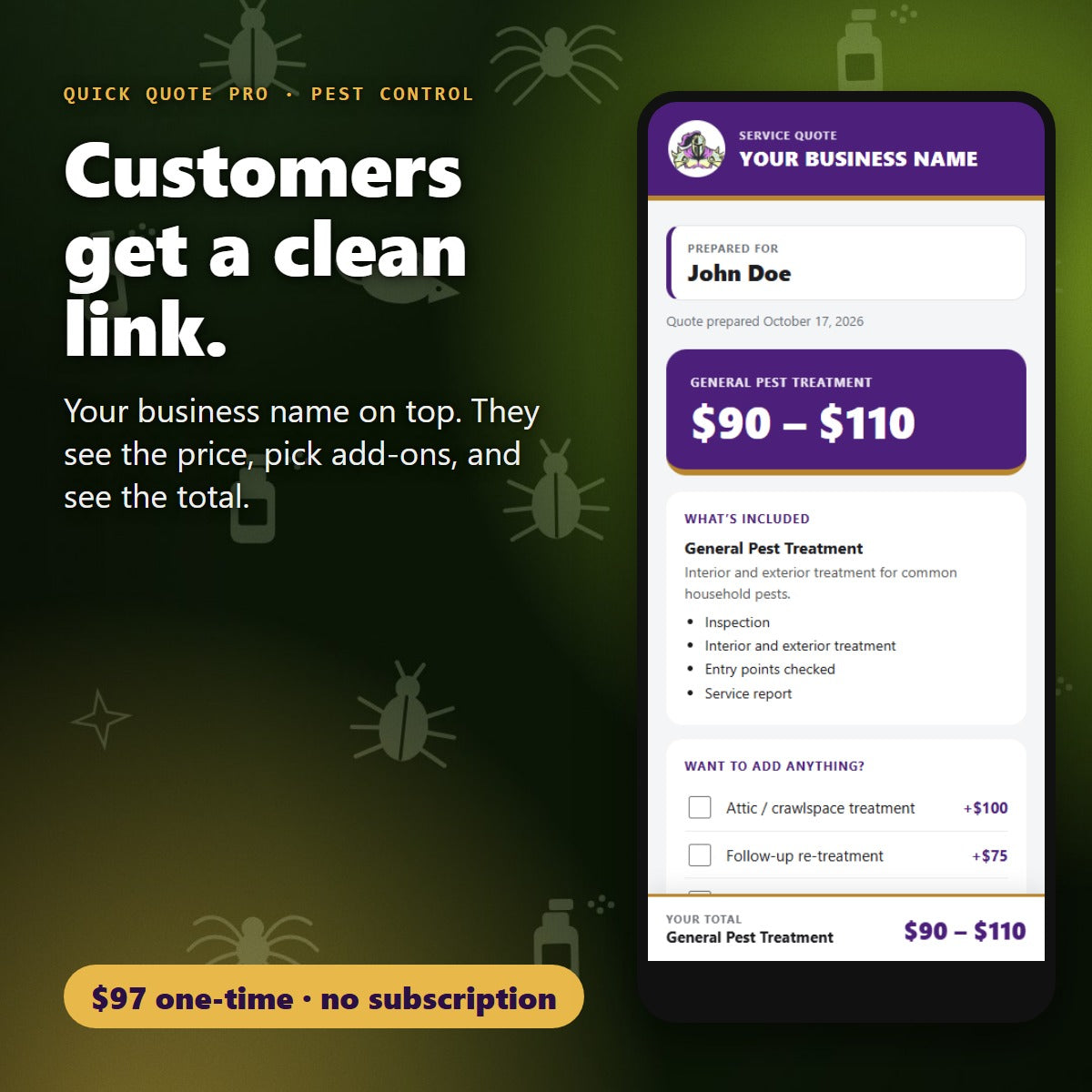 Your customer opens a clean branded quote link for Pest Control
