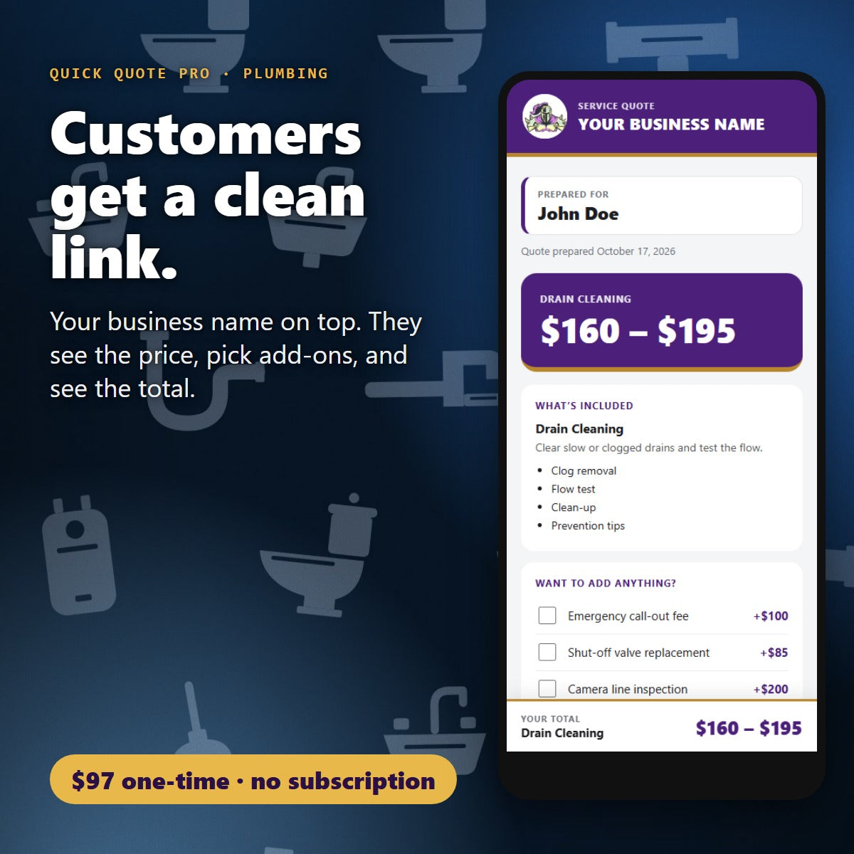 Your customer opens a clean branded quote link for Plumbing