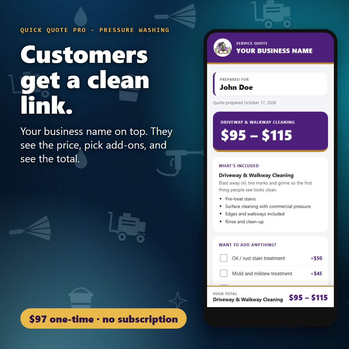 Your customer opens a clean branded quote link for Pressure Washing