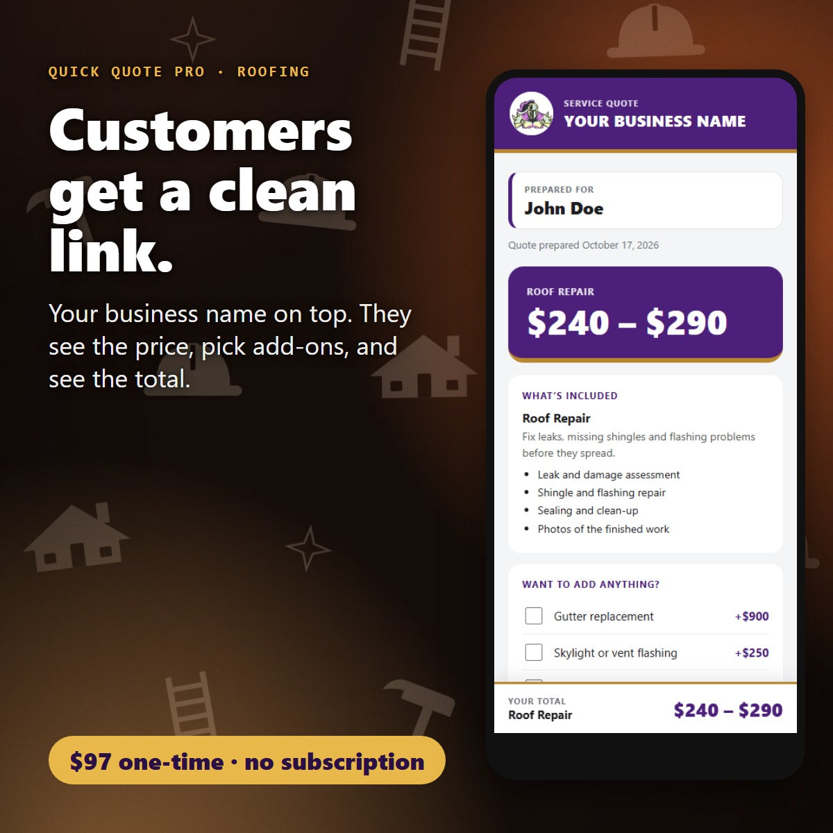 Your customer opens a clean branded quote link for Roofing