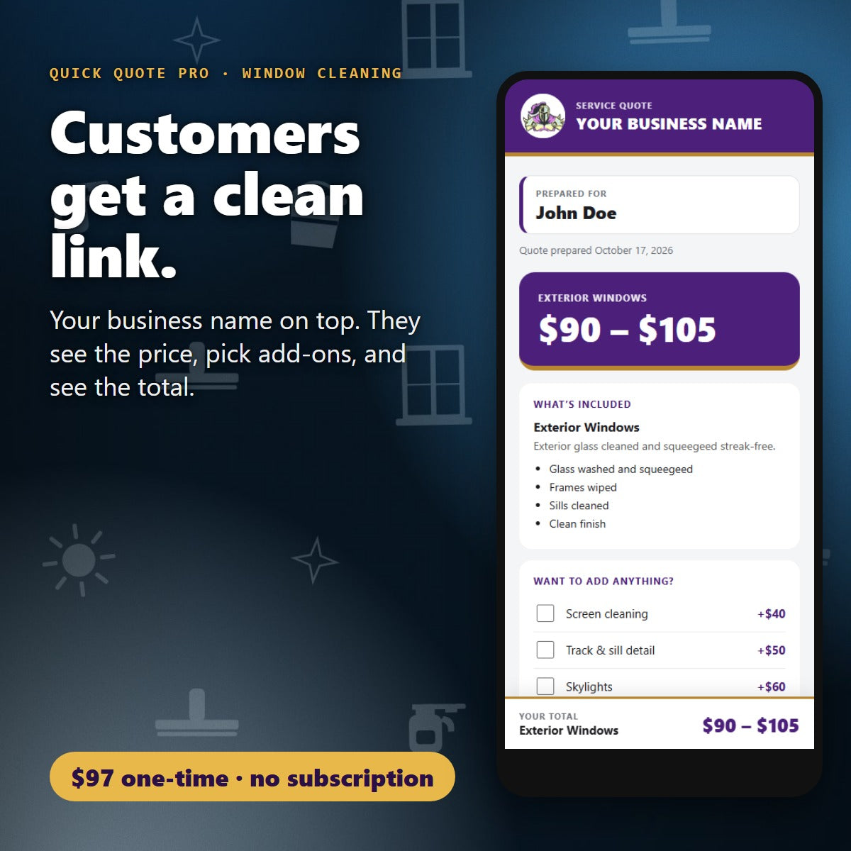 Your customer opens a clean branded quote link for Window Cleaning